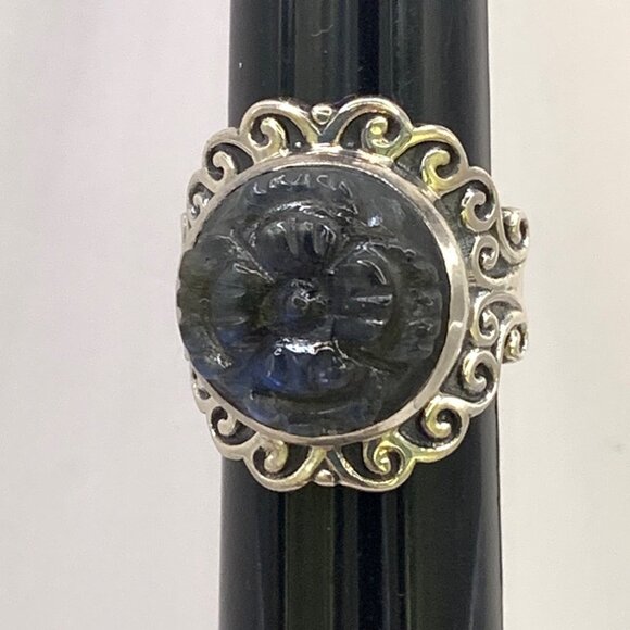 Carved Tanzanite Gemstone Flower Sterling Silver Asian Style Beautiful Ring Sz 6 - Picture 4 of 8